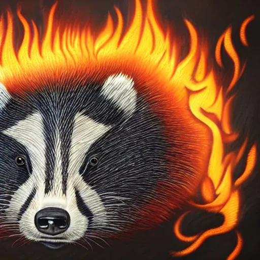 Prompt: close-up of badger's face, billowing flames rising from fur, in front of a wall of fire, photorealistic, incredibly detailed