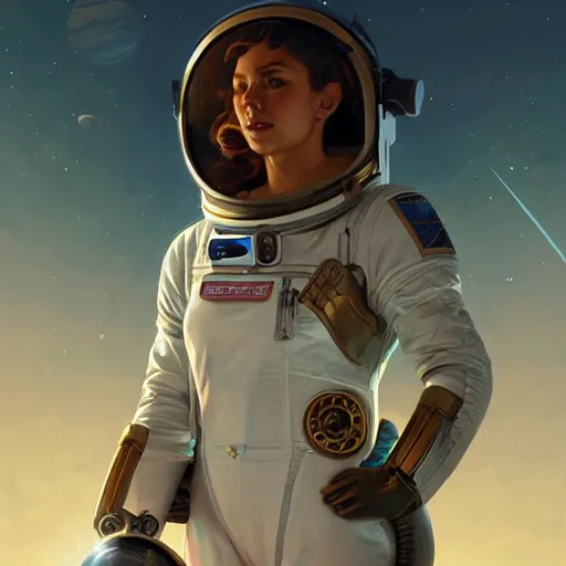 Prompt: portrait of athena as an astronaut, intricate, highly detailed, digital painting, artstation, concept art, smooth, sharp focus, illustration, art by artgerm and greg rutkowski and alphonse mucha