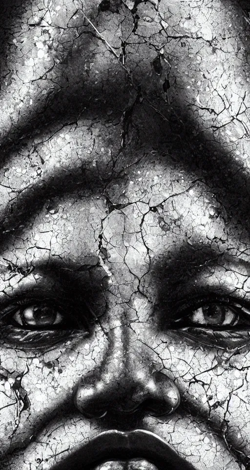 Prompt: hyper realistic of a stunning intricate cracked black marble falling african american woman angel face sculpture, highly detailed, white tone background, trending on artstation, hyperrealism, matte painting, subsurface scattering