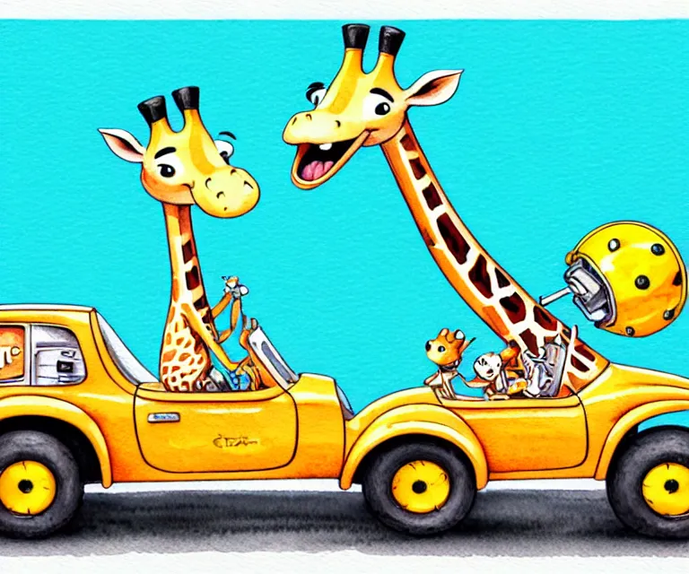 Prompt: cute and funny, giraffe wearing a helmet riding in a tiny hot rod with oversized engine, ratfink style by ed roth, centered award winning watercolor pen illustration, isometric illustration by chihiro iwasaki, edited by range murata, tiny details by artgerm and watercolor girl, symmetrically isometrically centered