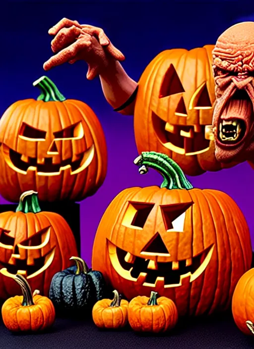 Image similar to hyperrealistic rendering, epic pumpkin overlord battle by art of skinner and richard corben and jeff easley, product photography, action figure, sofubi, studio lighting, colored gels