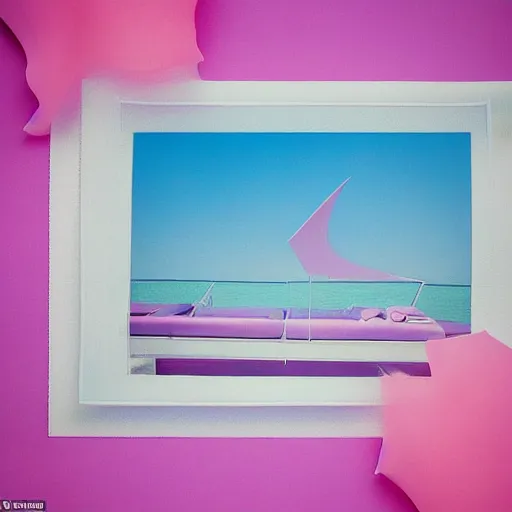 Image similar to a pastel colour high fidelity wide angle Polaroid art photo from a holiday album at a seaside of a large luxury pink ship in the sea surrounded by abstract inflatables parachute art, all objects made of transparent iridescent Perspex and metallic silver, a grid of sun beds iridescence, nostalgic