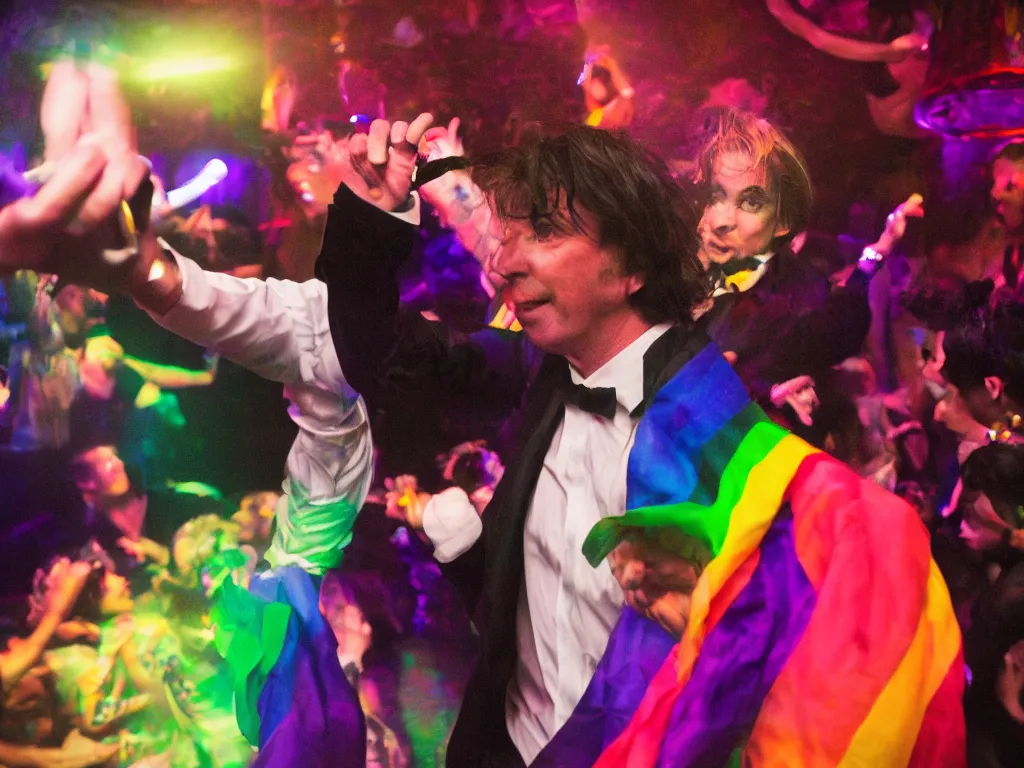 Prompt: dslr close up photo of oscar wilde dancing at a gay club, color, photography, 8 k, highly detailed, rave, lighting, cmyk, realism