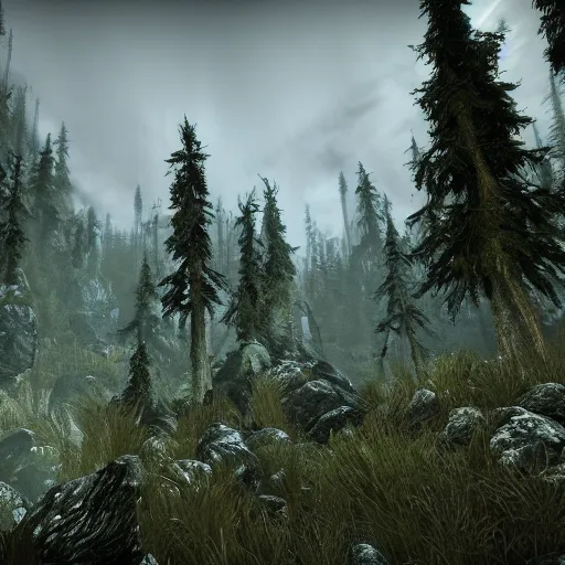 Prompt: a stunning screenshot of a mythical forest in Skyrim