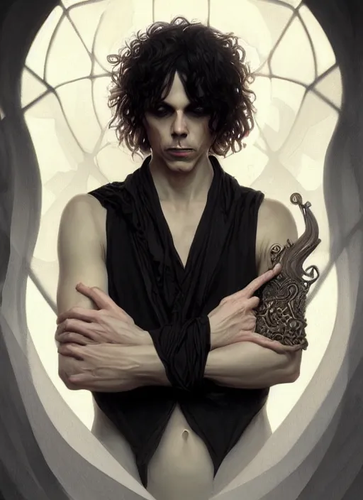Prompt: ville valo, male, gothic, portrait, intricate, elegant, highly detailed, digital painting, artstation, concept art, wallpaper, smooth, sharp focus, illustration, art by artgerm and greg rutkowski and alphonse mucha