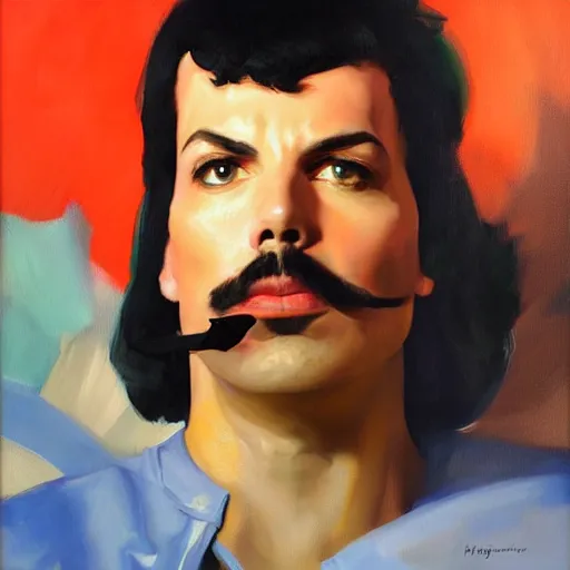 Image similar to greg manchess portrait painting of freddie mercury as super mario, medium shot, asymmetrical, profile picture, organic painting, sunny day, matte painting, bold shapes, hard edges, street art, trending on artstation, by huang guangjian and gil elvgren and sachin teng