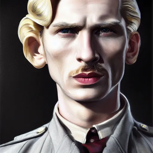 Image similar to A Hearts of Iron IV portrait of a blonde German actor with high cheekbones. Good bone structure. Dressed in 1940s style. Highly detailed, fine Art, high detail, great lighting, 8k resolution, masterpiece, concept art, illustration, clear eyes, painting oil on canvas, octane render, HDR, trending on artstation, 4k, 8k, HD