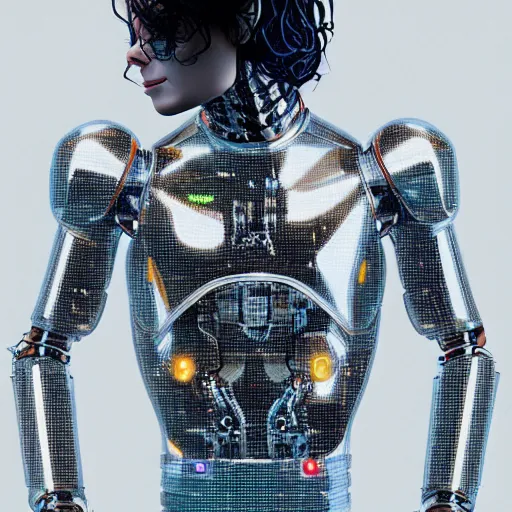 Prompt: photo of michael jackson wearing robot suit with wires and light, highly detailed, photorealistic, artstation, smooth