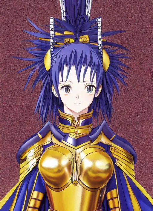 Image similar to key anime visual portrait of a woman knight in ceremonial armor 3 / 4 angle pose, face by murata range, armor designed by gutsav klimt