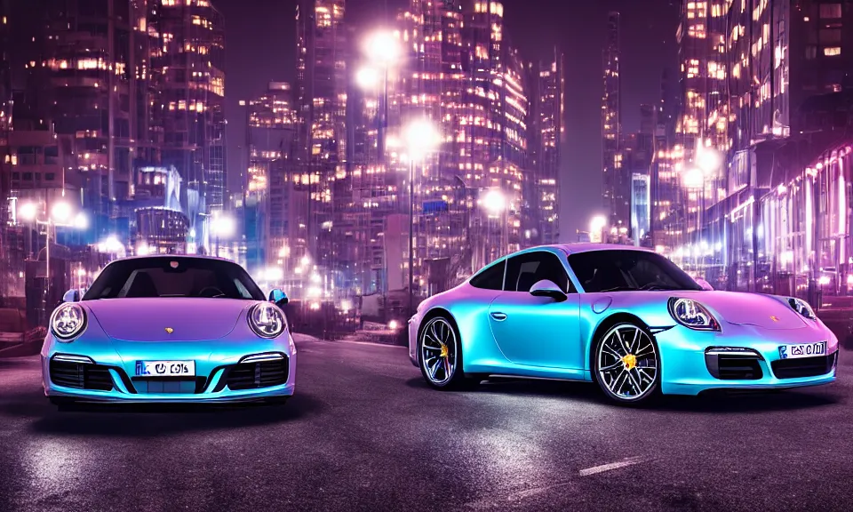 Prompt: photo of a porsche 911 at night driving fast through a city, cinematic, 4k, long exposure photography, blue and purple light