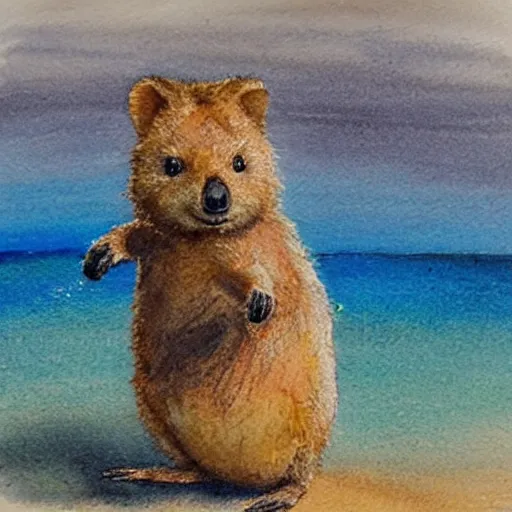Image similar to a quokka using a metal detector on the beach, realistic watercolour