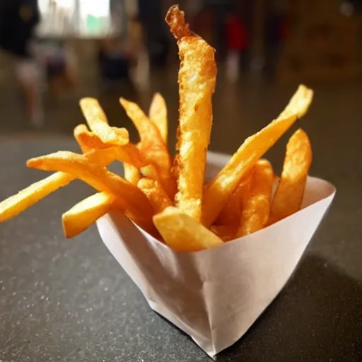 Image similar to photo of [ a single salted french fry chip ] shaped like that looks like stephen fry as a pixar character hybrid intercross mix cinematic lighting