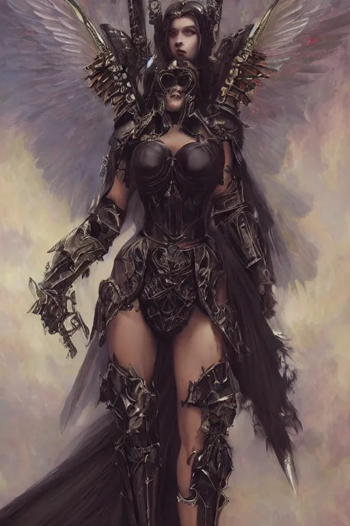 Prompt: Gothic angelic woman in armor from warhammer 40000, elegant, vibrant, dark fantasy, intricate, smooth, artstation, painted by edgar maxence, greg rutowski, ross tran, artgerm