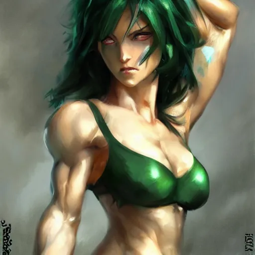 Image similar to muscular fubuki by daniel gerhartz, dark green hair, trending on artstation