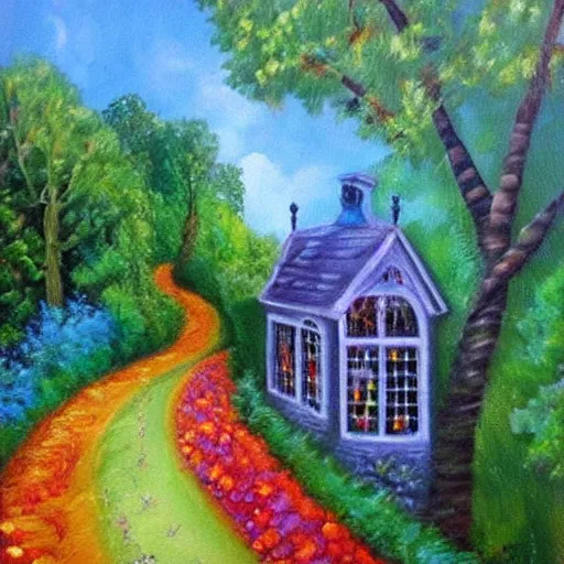 Prompt: fairytale house, amazing colors, path leading to the house, oil painting, trending,