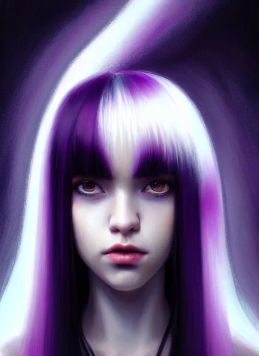 Image similar to hair whitebangs hair, black hair, whitebangs, portrait of teenage girl with white bangs, red irises, purple clothes, white bangs, bangs are different color from hair, intricate, elegant, glowing lights, highly detailed, digital painting, artstation, concept art, smooth, sharp focus, illustration, art by wlop, mars ravelo and greg rutkowski