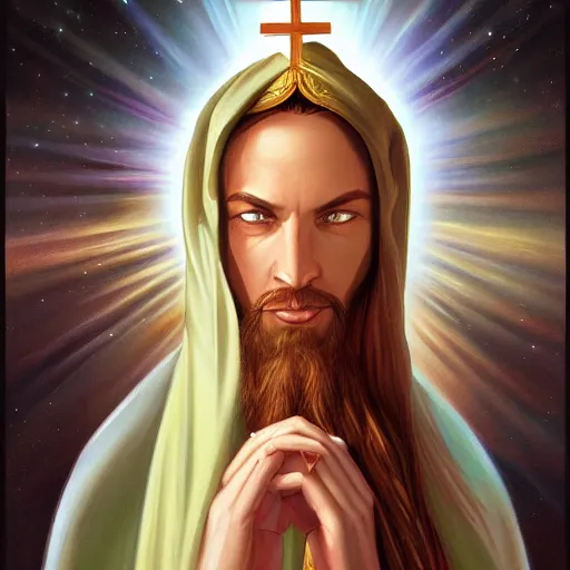 Image similar to a painting of Lindsay Sterling as the Messiah by Ross Tran, Bruce Timm and Vladimir Kush, highly detailed digital art, holy aura, serene expression