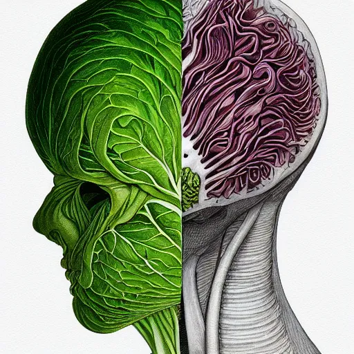 Image similar to the anatomy of a head of lettuce that looks like a handsome man, an ultrafine detailed painting by james jean, intricate linework, full color, studio ghibli, behance contest winner, vanitas, angular, altermodern, unreal engine