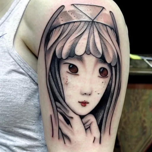 Image similar to beautiful thin wan korean angelic goddess in the style of fernand khnopff and hayao miyazaki, tattoo on arm, detailed beautiful tattoo