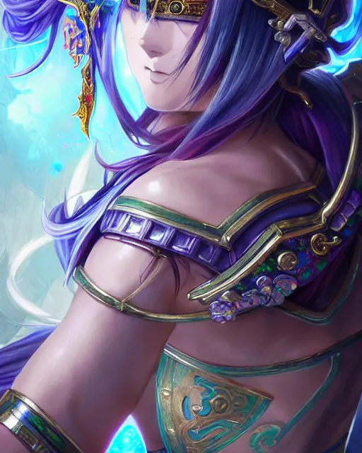 Image similar to anime portrait of an iridescent opal cyborg shinobi, intricate ornate details, morandi color scheme, fantasy, elegant, highly detailed, wide angle, digital painting, artstation, concept art, smooth, sharp focus, illustration, wallpaper, dynamic pose, splash art, league of legends, art by artgerm and greg rutkowski and bo chen and jin xiaodi