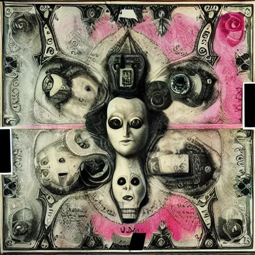 Image similar to post - punk new age album cover, asymmetrical design, dollar bank notes, capitalism, magic, apocalypse, psychedelic, black white pink, magic, giger h. r., giuseppe arcimboldo