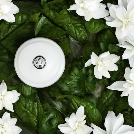 Image similar to centered white perfume bottle lying in a dark bed of leafy - greens and white flowers, illumination lighting, sharp focus, vogue