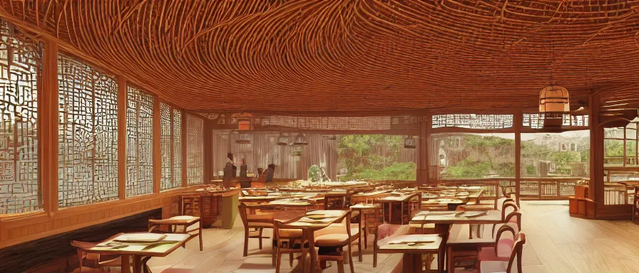 Image similar to a beautiful simple interior 4 k hd wallpaper illustration of small roasted string hotpot restaurant restaurant, from china, wallpaper with pagoda and mountain, fine simple delicate structure, chinese style, simple style structure decoration design, victo ngai, 4 k hd