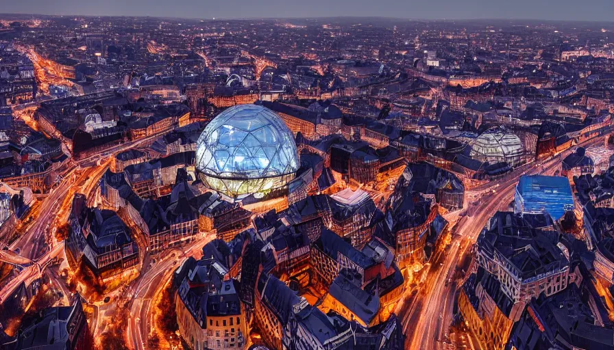 Prompt: liege, belgium at night with glass domes with blue lights, hyperdetailed, artstation, cgsociety, 8 k