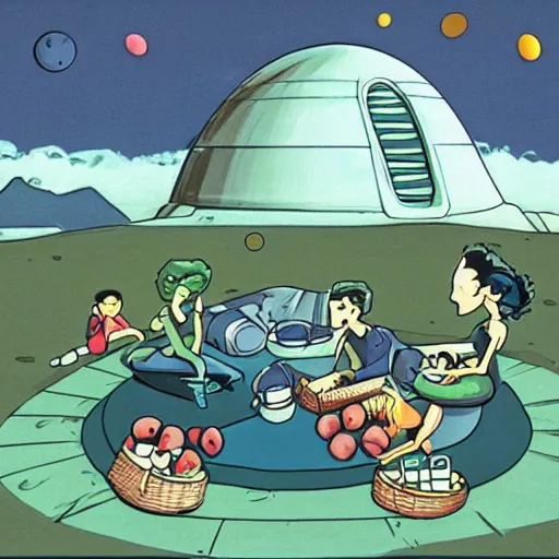 Image similar to aliens having a picnic in the spot on uranus