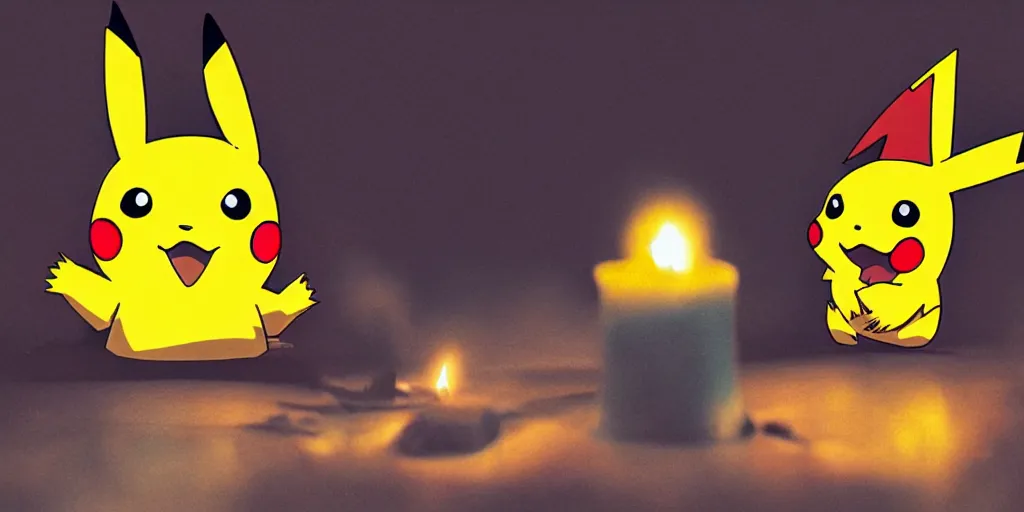 Image similar to pikachu devouring a dog sharp teeth burtal eyes scary mouth dark room red candles trash bin