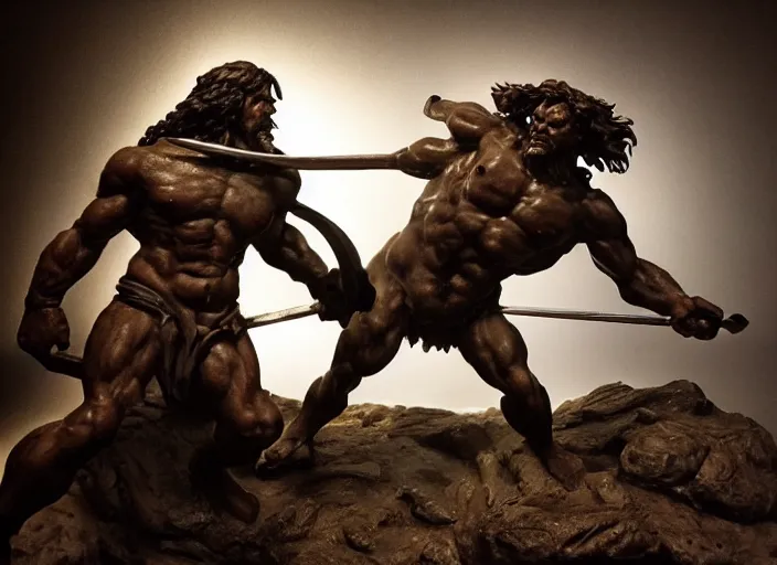 Image similar to a full figure rubber sculpture of conan the barbarian fighting a giant troll, by Michelangelo, dramatic lighting, foggy atmosphere, rough texture, subsurface scattering, wide angle lens