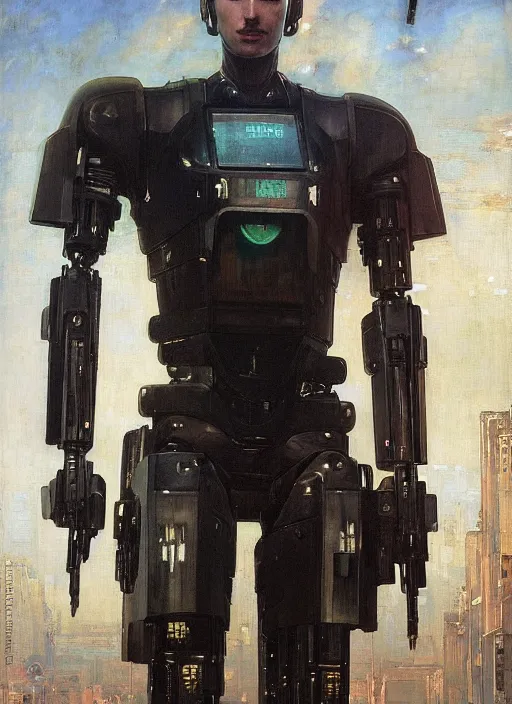 Image similar to Menacing Cyberpunk policeman towering with robotic stilt legs and militarized gear. (dystopian, police state, Cyberpunk 2077, bladerunner 2049). Iranian orientalist portrait by john william waterhouse and Edwin Longsden Long and Theodore Ralli and Nasreddine Dinet, oil on canvas. Cinematic, vivid colors, hyper realism, realistic proportions, dramatic lighting, high detail 4k
