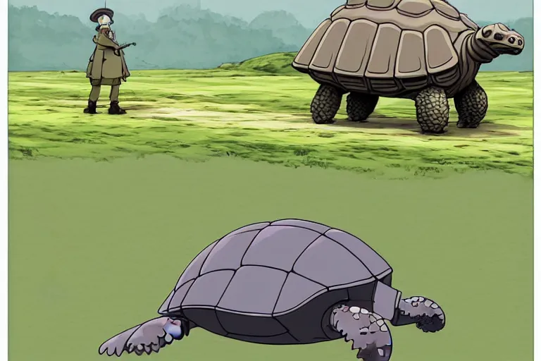 Image similar to a study of a cell shaded cartoon of a grey mechanized tortoise from howl's moving castle ( 2 0 0 4 ), crossing a stream, full body, wide shot, very muted colors, post grunge, studio ghibli, laurie greasley, highly detailed, deviantart, art by artgem