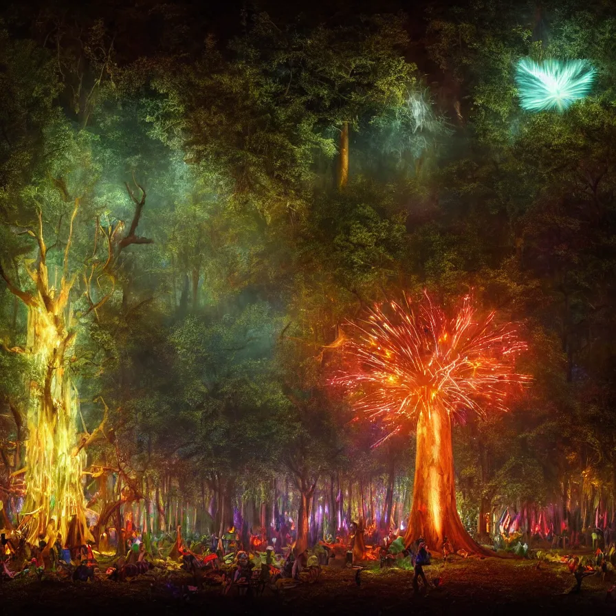 Prompt: closeup of a night carnival inside a tree cavity in a magical forest in the middle of a summer storm, with a music scenario with many fireworks and christmas lights, volumetric lightning, instense god rays in the sky, folklore people disguised with fantastic creatures in a magical forest by summer night, masterpiece painted by greg rutkowski, scene by dark night environment, refraction lights,