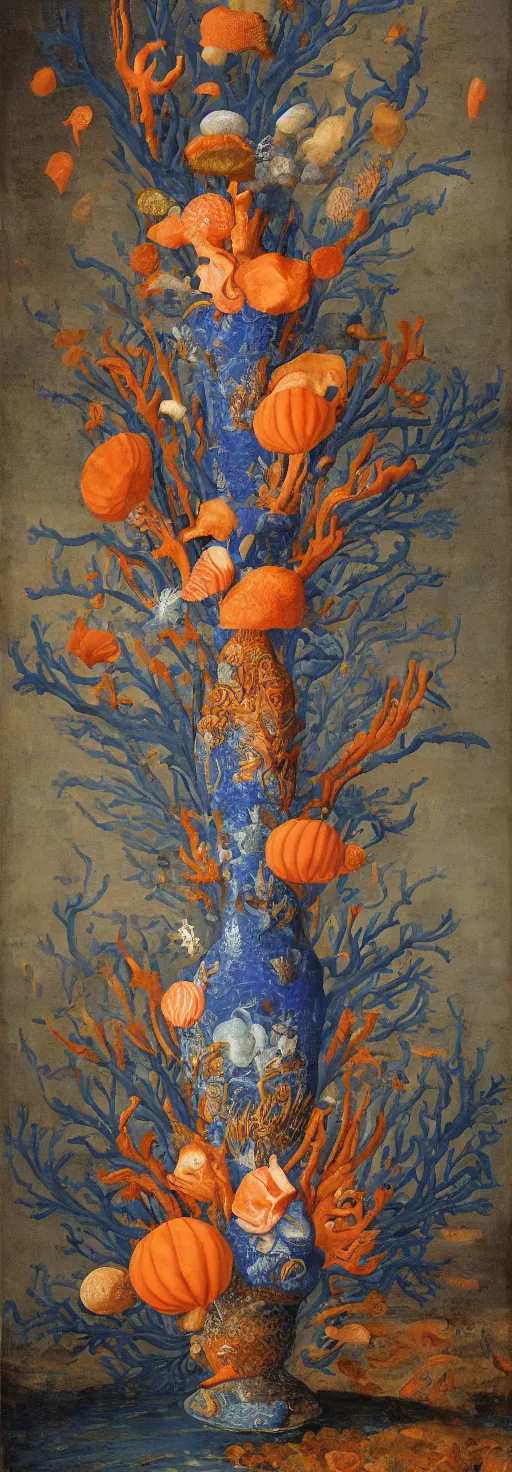 Image similar to bottle vase of coral under the sea decorated with a dense field of stylized scrolls that have opaque outlines enclosing mottled blue washes, with orange shells and purple fishes, Ambrosius Bosschaert the Elder, oil on canvas, hyperrealism, around the edges there are no objects