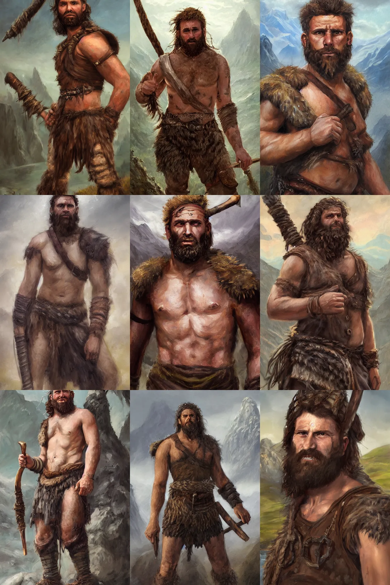 Image similar to a full body high detail fantasy portrait oil painting illustration of a single young rugged stoic barbarian man by Justin Sweet with face and body clearly visible, in a scenic background, pupils visible, realistic proportions, d&d, rpg, forgotten realms, artstation trending, high quality, sombre mood, artstation trending, muted colours, no crop, entire person visible!, natural light, Adobe Photoshop, Adobe Lightroom, photolab, Affinity Photo,