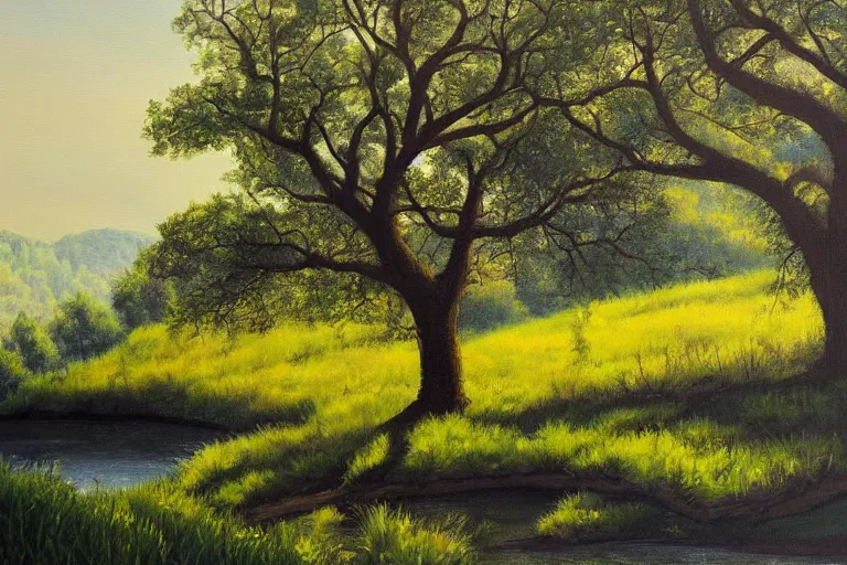 Prompt: masterpiece painting of oak trees on a hillside overlooking a creek, dramatic lighting, by alayna danner