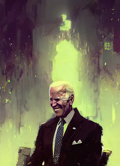 Image similar to Joe Biden grinning all powerful emperor of the world, high contrast, cosmic horror, abstract, masterpiece, trending on ArtStation, by Greg Rutkovski and by Craig Mullins and by David Cronenberg and by Ismail Inceoglu, dark