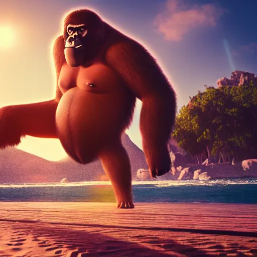 Image similar to king kong in a bikini clearing a space for himself at the beach, cinematic, octane render, sunny day, tropical island.