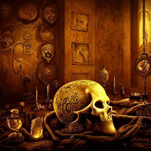 Prompt: a golden runic skull intricately decorated with ancient runic inscriptions and prophecies. dark ominous chiaroscuro baroque still life style. dramatic lighting, ultra detailed, unreal engine 5 by beksinski, billelis. ominous darkness background. weirdcore