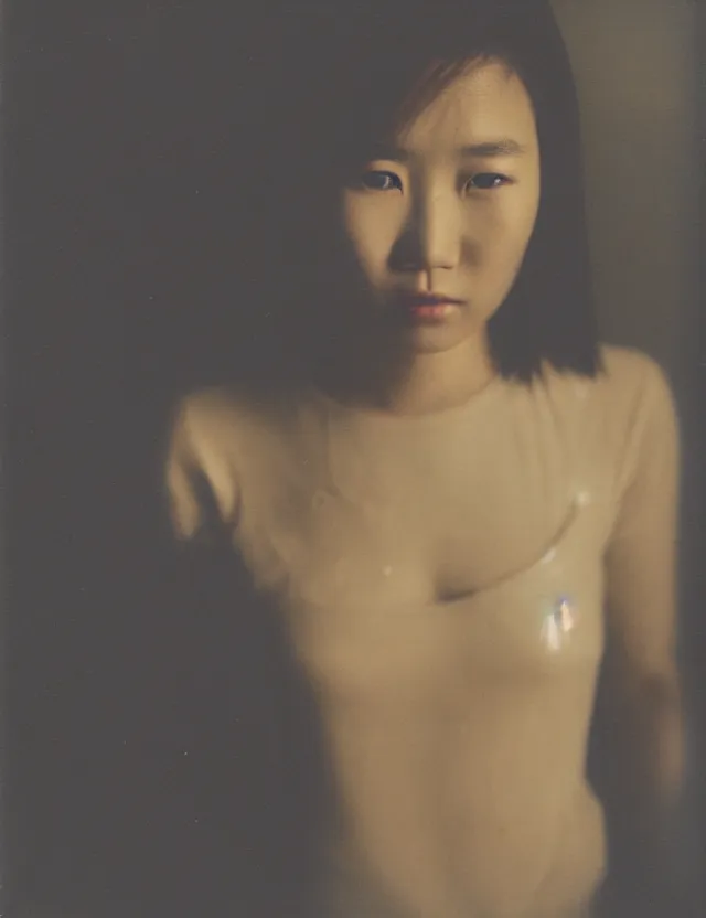 Image similar to polaroid photo with flash, portrait of a asian woman with glossy skin and gel hair in style of matrix, dressed, clothes on, bleached strong lights, kodak film stock, hyper real, stunning moody cinematography, with anamorphic lenses, by maripol, detailed