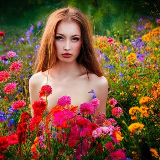 Image similar to beautiful woman built with flowers in a scenery that evokes reverie and sunset.