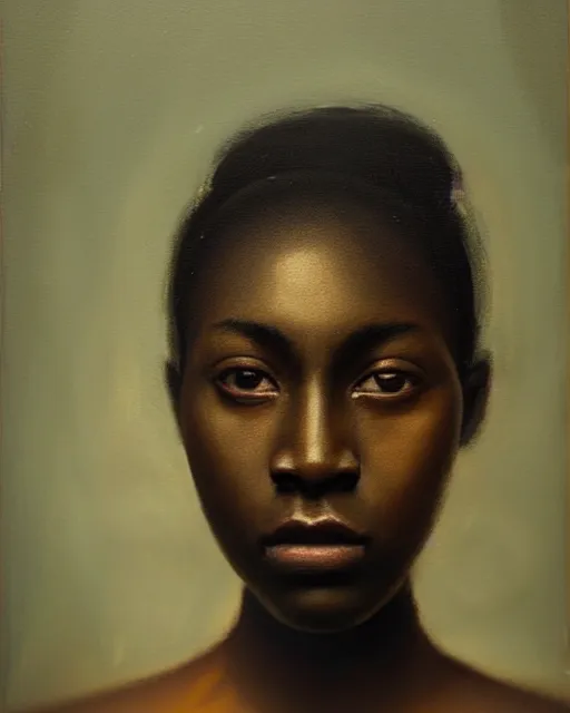 Prompt: a close up portrait a very ordinary young woman with an blank expression, by sarah moon, very dark skin, very blurry, translucent skin, foggy, oil painting, photorealistic, anatomically correct, beautiful perfect face, visible brushstrokes, sharp focus, highly detailed, cinematic lighting, 8 k, hd