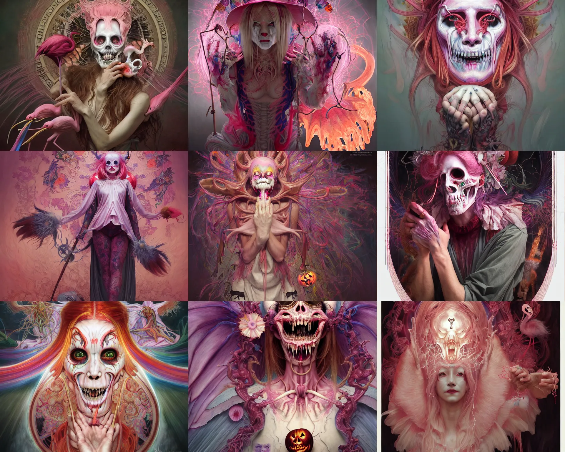 Prompt: manifestation of the insanity of humanity. art of death walkers clow juan girl comic messi devil coscino tract flamingo blo glo streamer ghost halloween animal horror, happy, highly detailed, digital painting, cinematic, hyperrealism, dark retrowave, art by stanley lau and artgerm and magali villeneuve and alphonse mucha, artstation, octane render, cgsociety