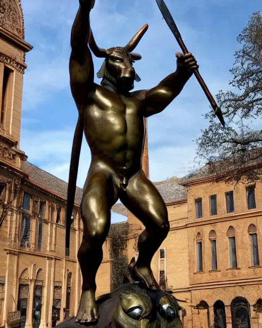 Image similar to a giant bronze statue of a minotaur, bull man hybrid being holding a spear and shield