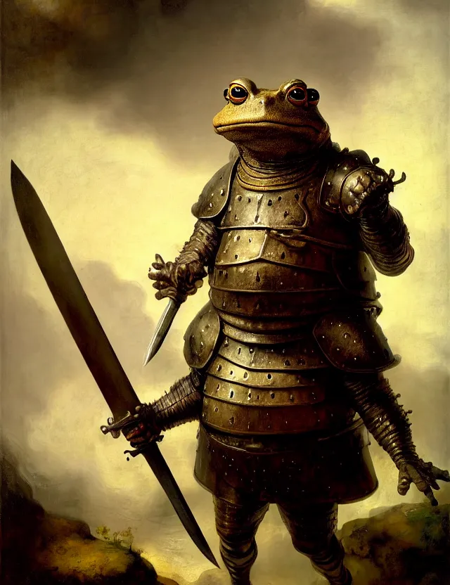 Prompt: anthropomorphic bipedal toad that is wearing full iron plate armor, and holding a colossal sword in his hand, as a matte oil painting and d & d character art, by rembrandt, standing, fullbody, lots of bubbles, award - winning, extremely detailed, sharp focus