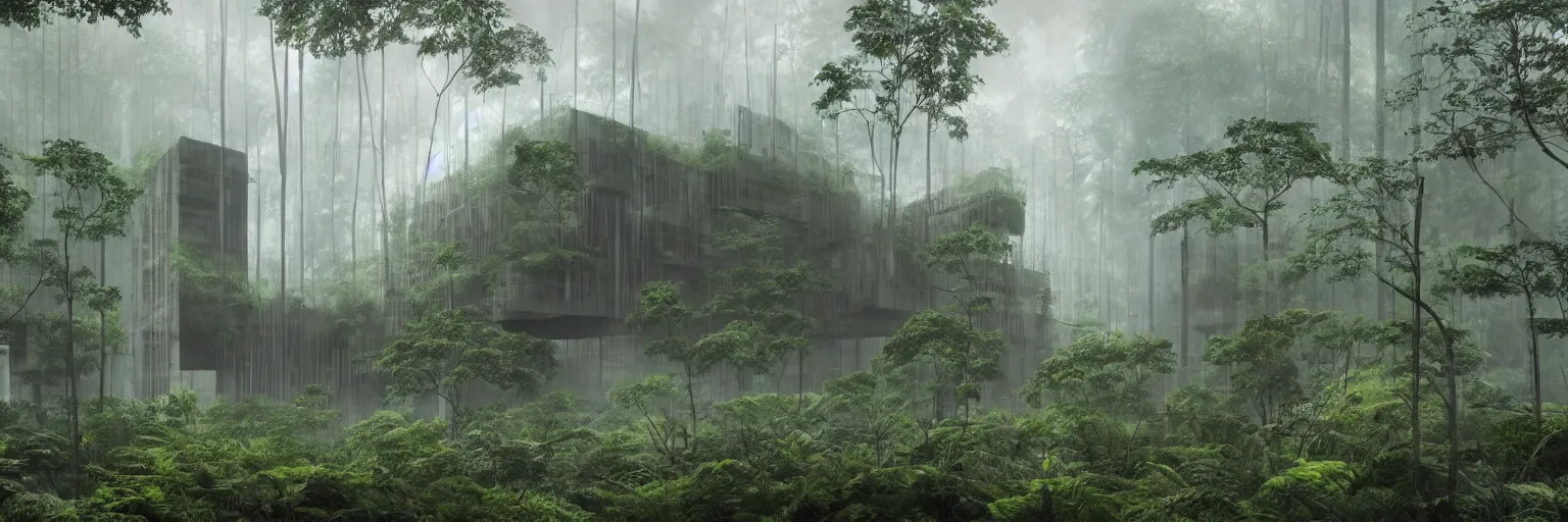 Image similar to brutalist architecture inspired by louis kahn deep in the rainforest. nature is taking over. matte painting. concept art. color scheme dark green and dark yellow. mist. cinematic.