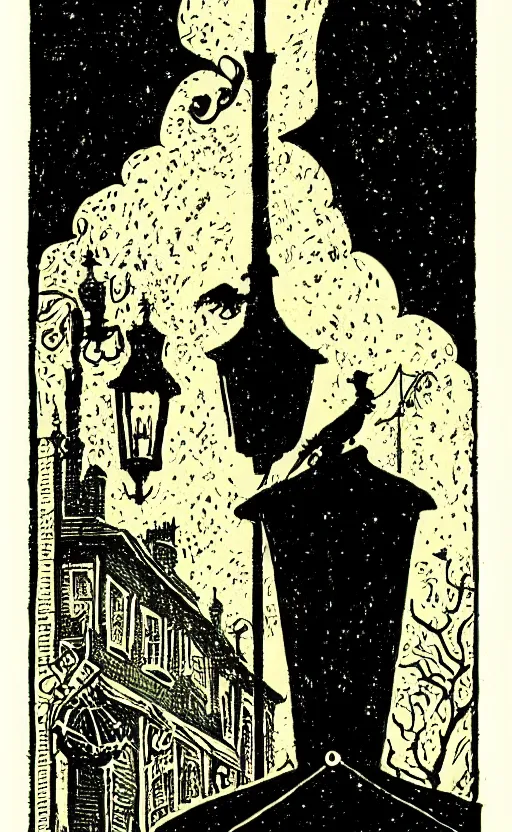 Image similar to black paper tarot card a lamplighter turning on a lamppost on a street, latticework in the style of vintage detailed illustration designed by marc simonetti and mike mignola black light style intricate ink illustration