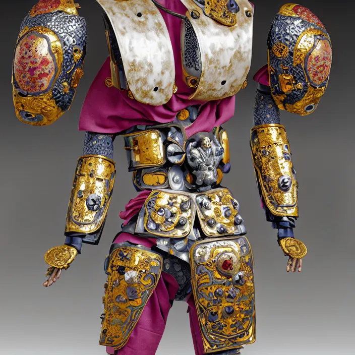 Image similar to ceramic cyborg, armor with Kakiemon design with plums and stylized flowers in glaze and gilding Edo period 1670–1690, diffuse lighting, fantasy, intricate, elegant, highly detailed, lifelike, photorealistic, digital painting, artstation, illustration, concept art, smooth, sharp focus, art by John Collier and Albert Aublet and Krenz Cushart and Artem Demura and Alphonse Mucha