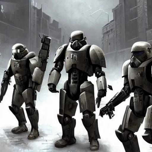 Image similar to three enclave soldiers standing in the foreground, half - life combine, fallout enclave armor, wolfenstein, killzone, deathtrooper, huge spaceship